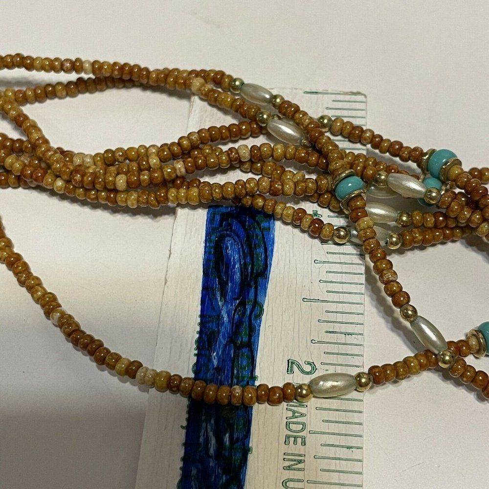 multi strand seed bead Collar necklace faux Turquoise wood tone Bead Boho 16” - Picture 3 of 5